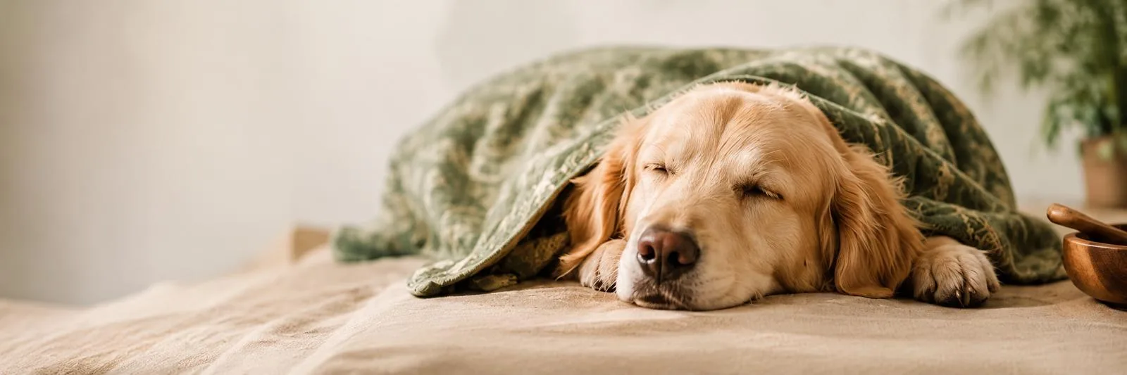 一只金毛寻回犬在绿色花纹毛毯下安睡