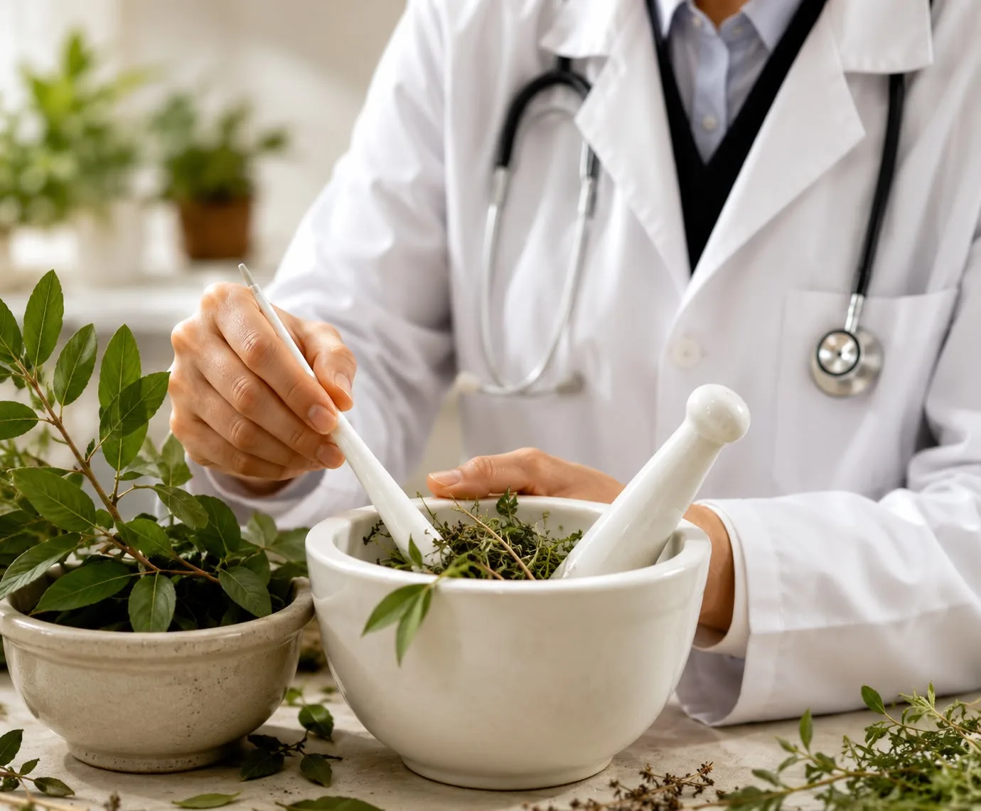 A clinician in a white coat grinding fresh herbs with a mortar and pestle