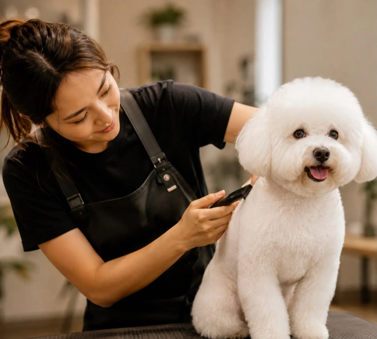 A professional groomer in a black apron trimming a white bichon frise