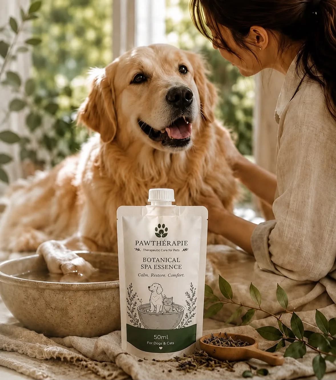 A woman beside a golden retriever in a basin bath, with Botanical Spa Essence in the foreground