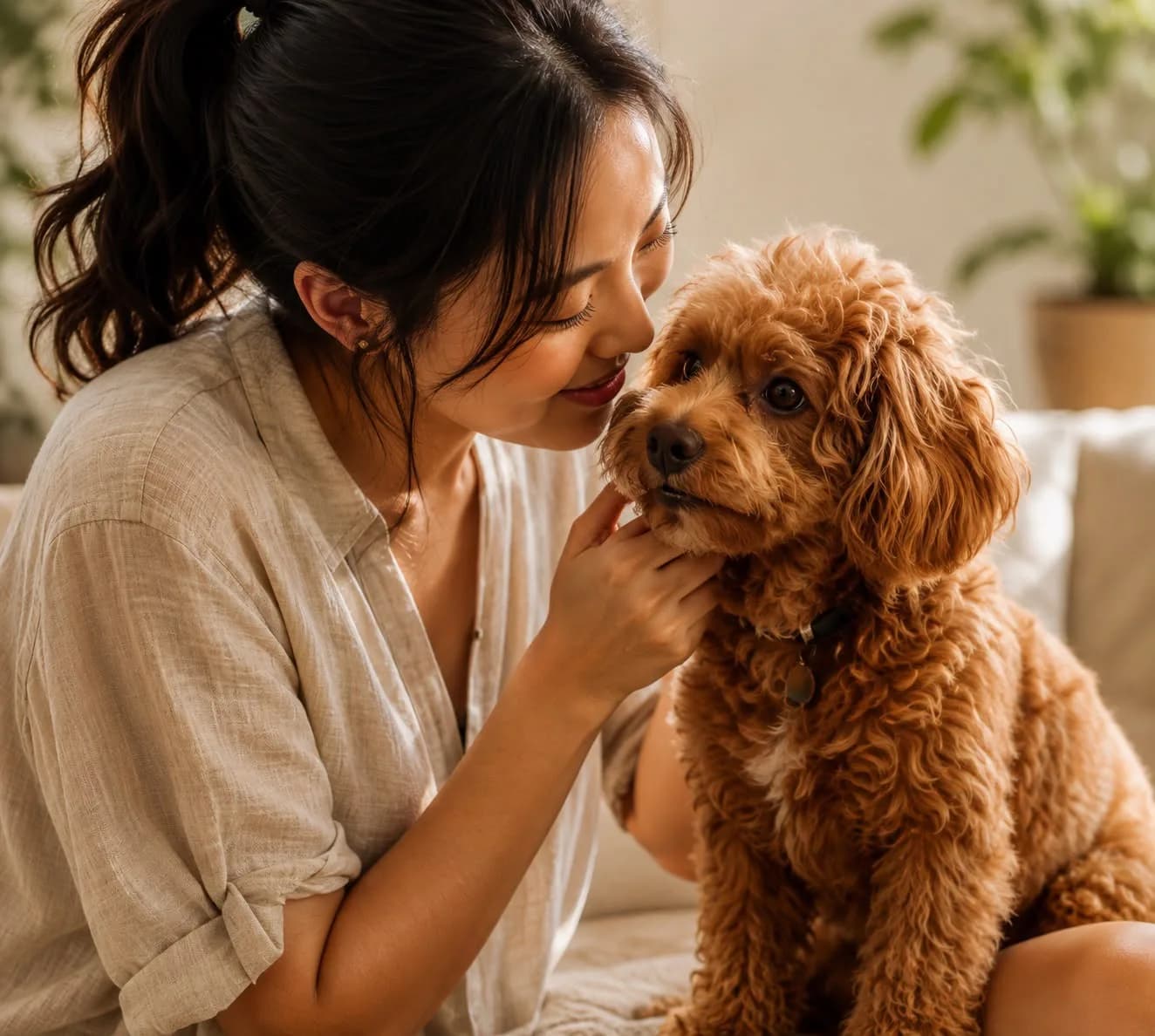 一位女士与一只杏色卷毛可卡贝松犬额头相触