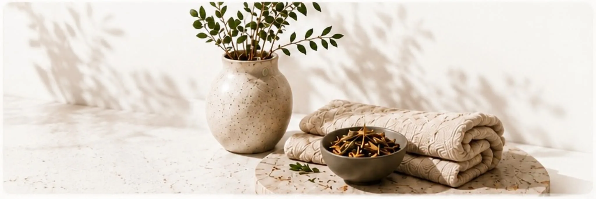 A stoneware vase of sprigs, a folded towel and a bowl of dried botanicals on a pale stone surface