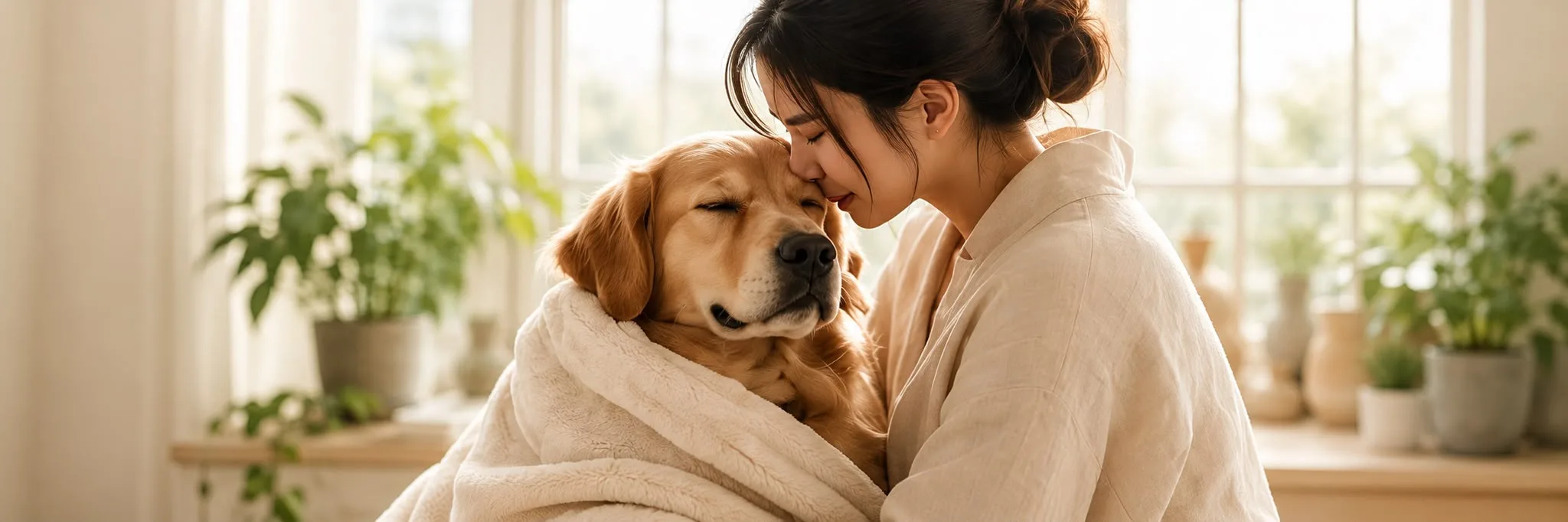 A woman resting her face against a golden retriever wrapped in a cream towel